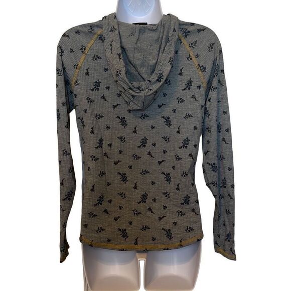 Discreet Gray Blue Floral Ribbed Hoodie Medium Drawstring Whimsigoth Grunge - Picture 2 of 6